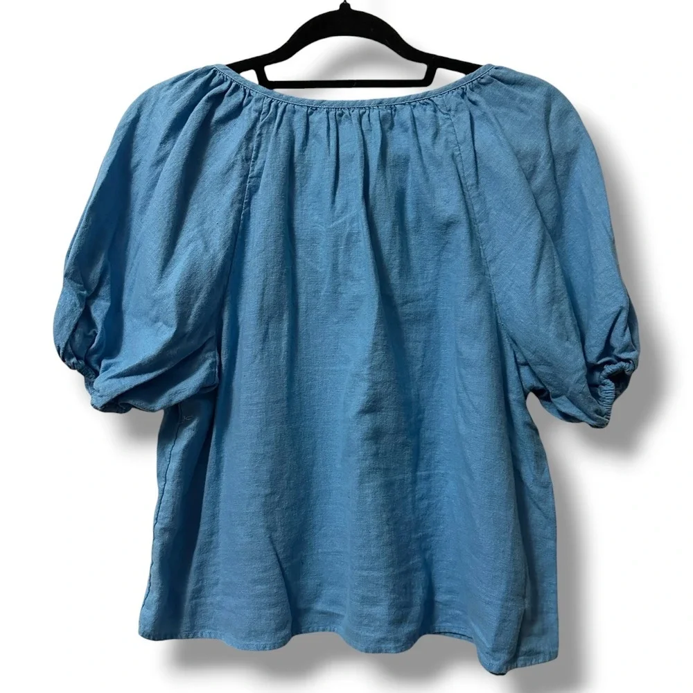 Abercrombie & Fitch Linen Blend Puff Sleeve V-Neck Tie Peasant Top Blue S Summer